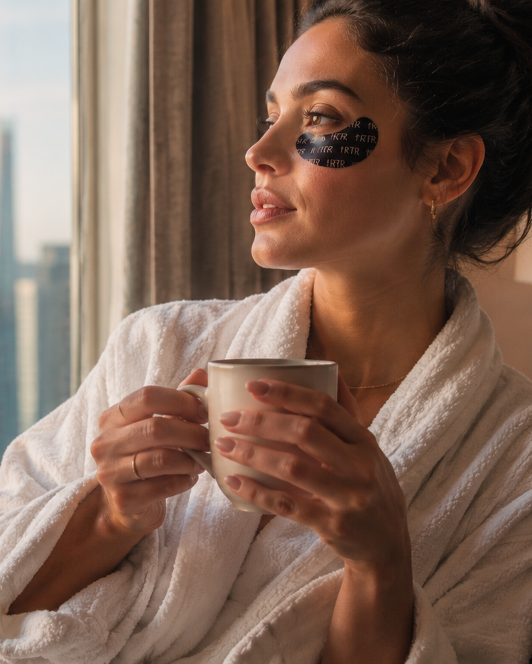 Woman in a robe holding a cup, looking out a hotel window with cityscape view